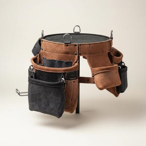 May include: A brown leather tool belt with multiple pockets and loops. The belt has a circular top with a black interior and a metal ring for hanging. Several black and brown pockets are attached to the belt.