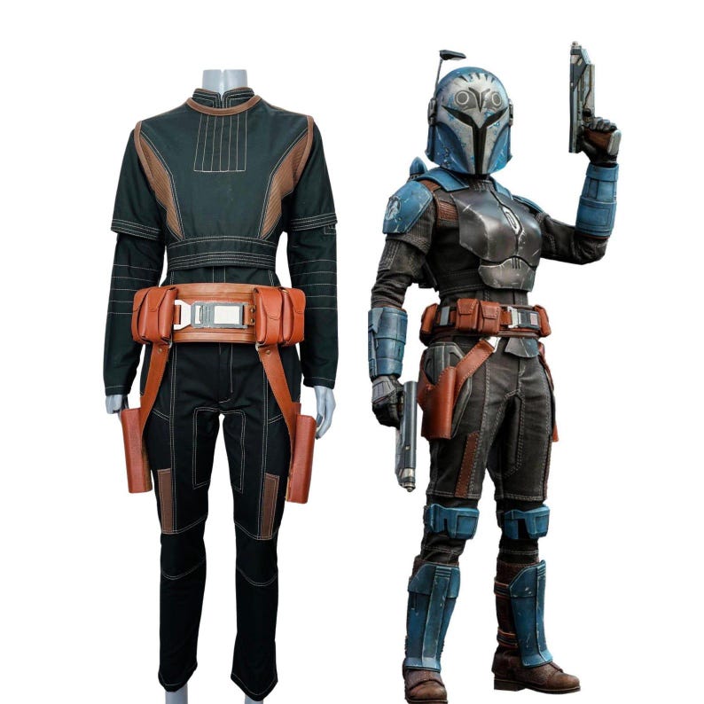 May include: Two Mandalorian armour sets. One is a black and brown jumpsuit with a utility belt and holster. The other is a black and blue armoured suit with a helmet and a blaster pistol. Both sets are displayed on mannequins.