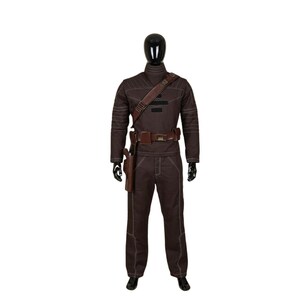 May include: A brown costume displayed on a mannequin. The outfit includes a high-collared jacket, pants, belt, shoulder strap, and holster. White stitching accents the seams. The costume is designed with a utilitarian aesthetic.