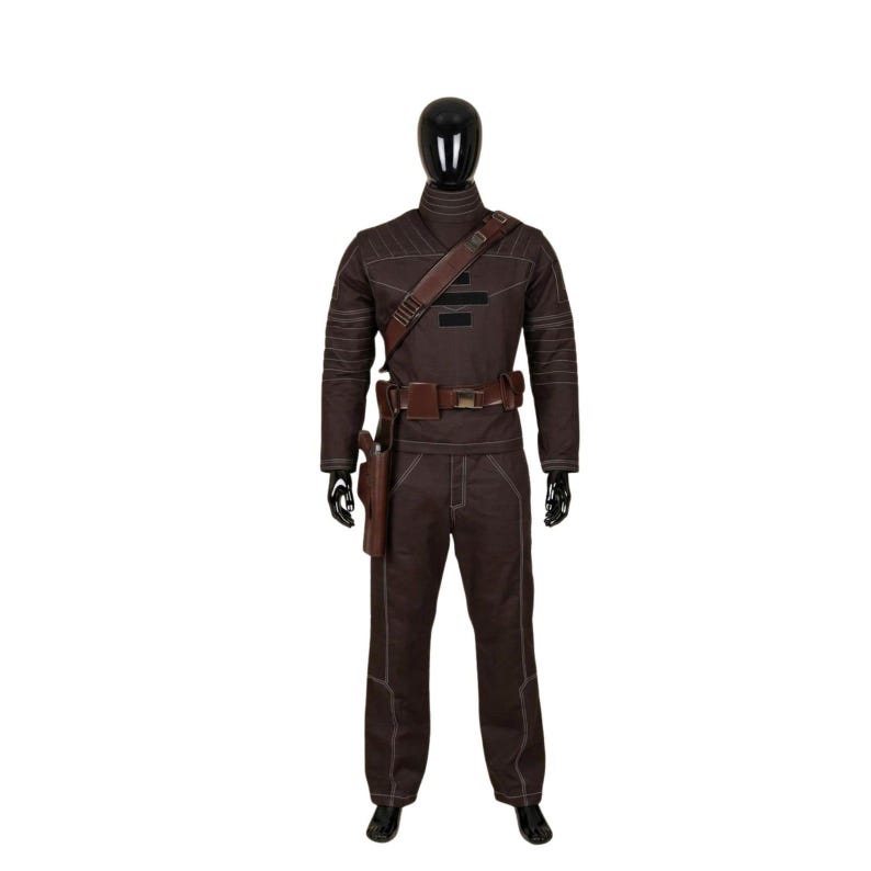 May include: A brown costume displayed on a mannequin. The outfit includes a high-collared jacket, pants, belt, shoulder strap, and holster. White stitching accents the seams. The costume is designed with a utilitarian aesthetic.