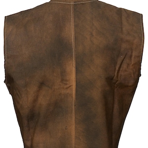 May include: A sleeveless vest in a dark brown, distressed finish with a high collar. The garment features a vertical seam running down the center back with visible light brown stitching that contrasts against the darker, mottled brown fabric.