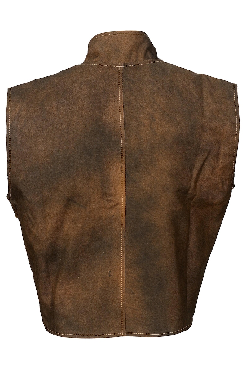 May include: A sleeveless vest in a dark brown, distressed finish with a high collar. The garment features a vertical seam running down the center back with visible light brown stitching that contrasts against the darker, mottled brown fabric.