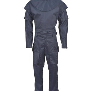 May include: A dark navy blue uniform set consisting of a long-sleeved top and matching trousers. The top features a high collar, a wide rounded shoulder yoke, and ribbed detailing on the upper sleeves. The trousers include large cargo pockets.