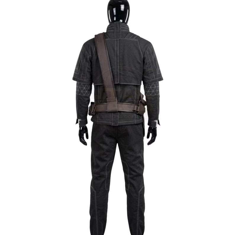 May include: A black long-sleeved jacket and matching trousers set featuring white contrast stitching and geometric patterns on the sleeves. The outfit includes a brown utility belt with a shoulder strap worn over the jacket, displayed on a mannequin.