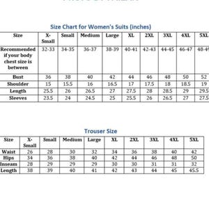 K&ouml;nnte beinhalten: Gr&ouml;&szlig;entabelle f&uuml;r Damenanz&uuml;ge und -hosen, mit Ma&szlig;en in Zoll. Die Tabelle enth&auml;lt Brust-, Schulter-, L&auml;ngen- und &Auml;rmelma&szlig;e f&uuml;r Anz&uuml;ge sowie Taillen-, H&uuml;ft-, Schrittl&auml;ngen- und L&auml;ngenma&szlig;e f&uuml;r Hosen, von X-Small bis 5XL.