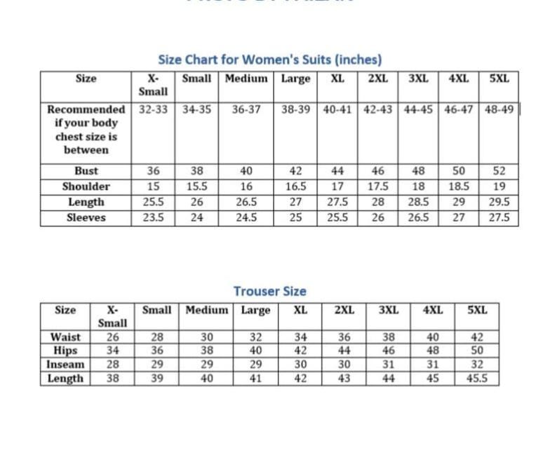 K&ouml;nnte beinhalten: Gr&ouml;&szlig;entabelle f&uuml;r Damenanz&uuml;ge und -hosen, mit Ma&szlig;en in Zoll. Die Tabelle enth&auml;lt Brust-, Schulter-, L&auml;ngen- und &Auml;rmelma&szlig;e f&uuml;r Anz&uuml;ge sowie Taillen-, H&uuml;ft-, Schrittl&auml;ngen- und L&auml;ngenma&szlig;e f&uuml;r Hosen, von X-Small bis 5XL.