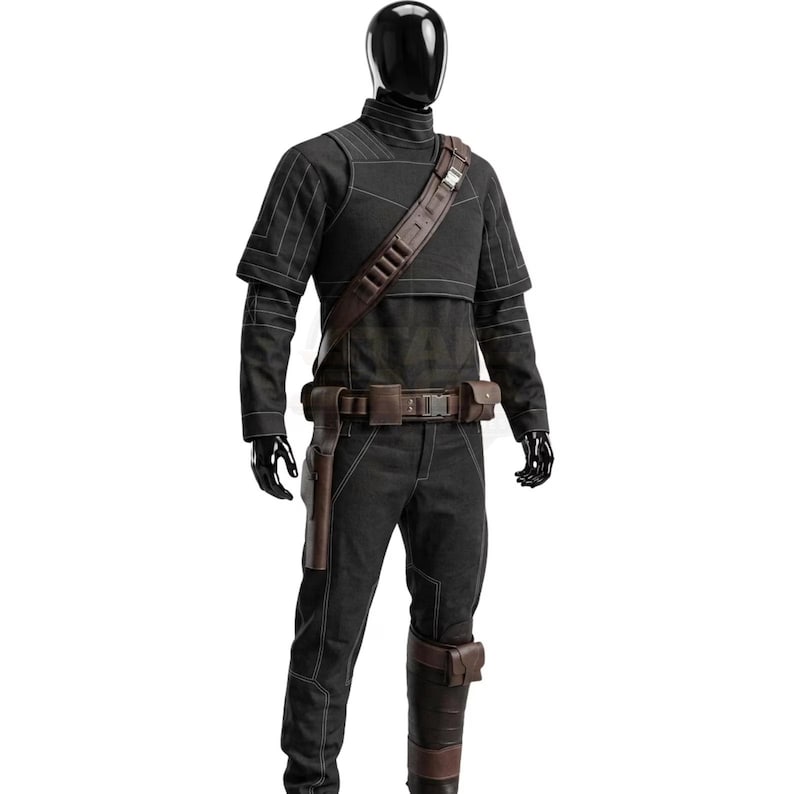 May include: A black long-sleeved shirt and matching pants set featuring white contrast stitching, worn with a brown leather shoulder strap, a utility belt with pouches, a holster, and a brown leather leg guard on the left lower leg.