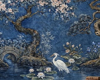 Blue Chinoiserie Bird Wallpaper Peel and Stick: Floral Asian Garden Wall Mural