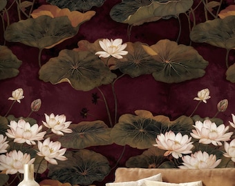 Papel pintado autoadhesivo Loto Borgoña: Mural de pared con diseño floral vintage de estanque.