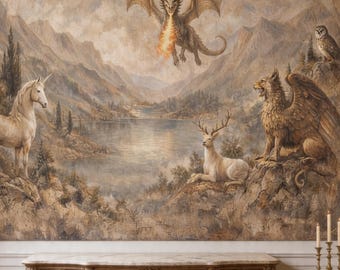 Papel pintado autoadhesivo de dragones: mural de paisaje mítico vintage