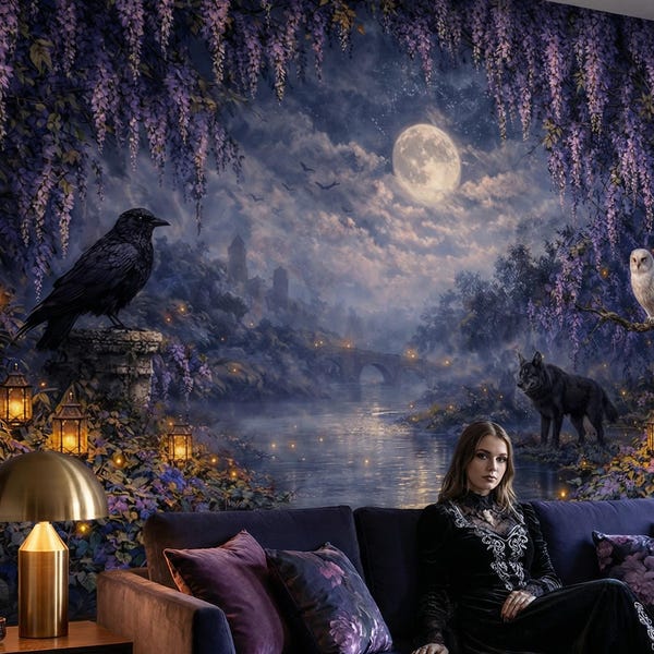 Carta da parati adesiva Dark Gothic Glicine: Murale da parete con foresta stregata