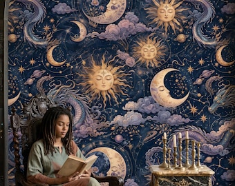 May include: A dark blue celestial-themed wallpaper featuring suns, moons, dragons, and stars. The design includes gold, purple, and white accents. A person is seated in a wooden chair, reading a book. A small table with candles is to the right.