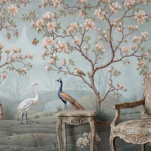 Chinoiserie Wallpaper Peel and Stick Wallpaper: Blossom Trees Birds ...