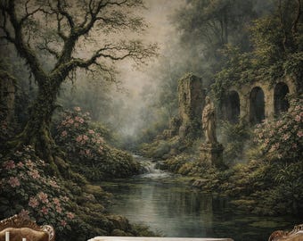 Moody Forest Wallpaper Peel and Stick: Misty Garden Ruins Wall Mural