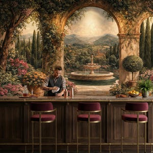 Tuscan Garden Wall Mural – Italian Archway Landscape with Fountain, Mediterranean Villa Wallpaper