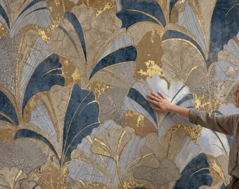 Blue Gold Ginkgo Wallpaper Peel and Stick: Art Deco Botanical Wall Mural