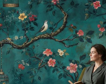 Teal Chinoiserie Peel and Stick Wallpaper: Floral Bird Wall Mural