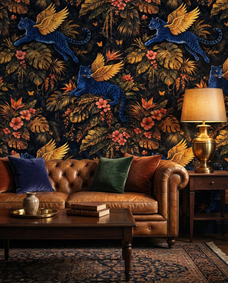 Winged Leopard Jungle Wallpaper Mural, Peel and Stick Gold Botanical ...