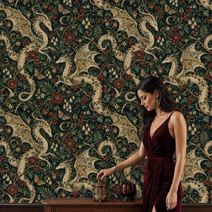 Dark Moody Dragon Peel and Stick Wallpaper: Vintage Forest Wall Mural with Crescent Moons