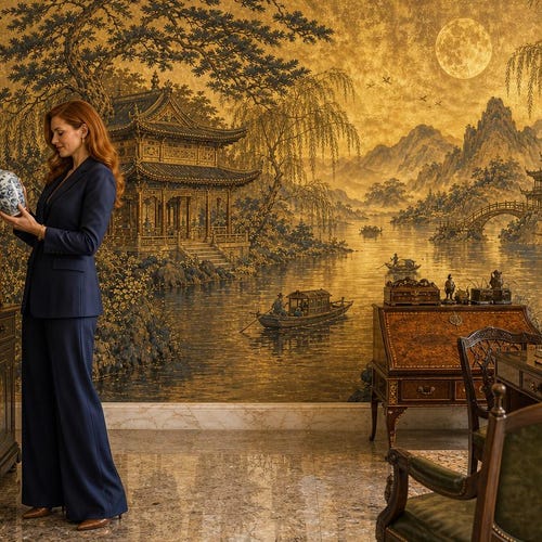 Golden Chinoiserie Wall Mural, Oriental Asian Landscape Peel Stick Wallpaper, Vintage Pagoda