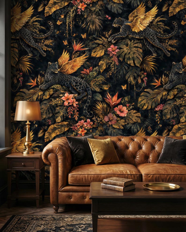 Winged Leopard Jungle Wallpaper Mural, Peel and Stick Gold Botanical ...