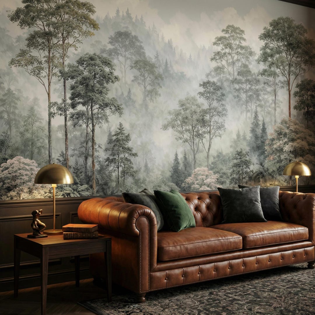 Misty Forest Mural – Scandinavian Woodland Peel and Stick Wallpaper ...