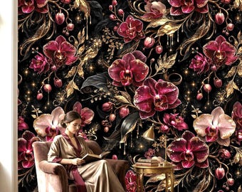 Burgundy Orchid Peel and Stick Wallpaper: Dark Floral Cosmic Wall Mural