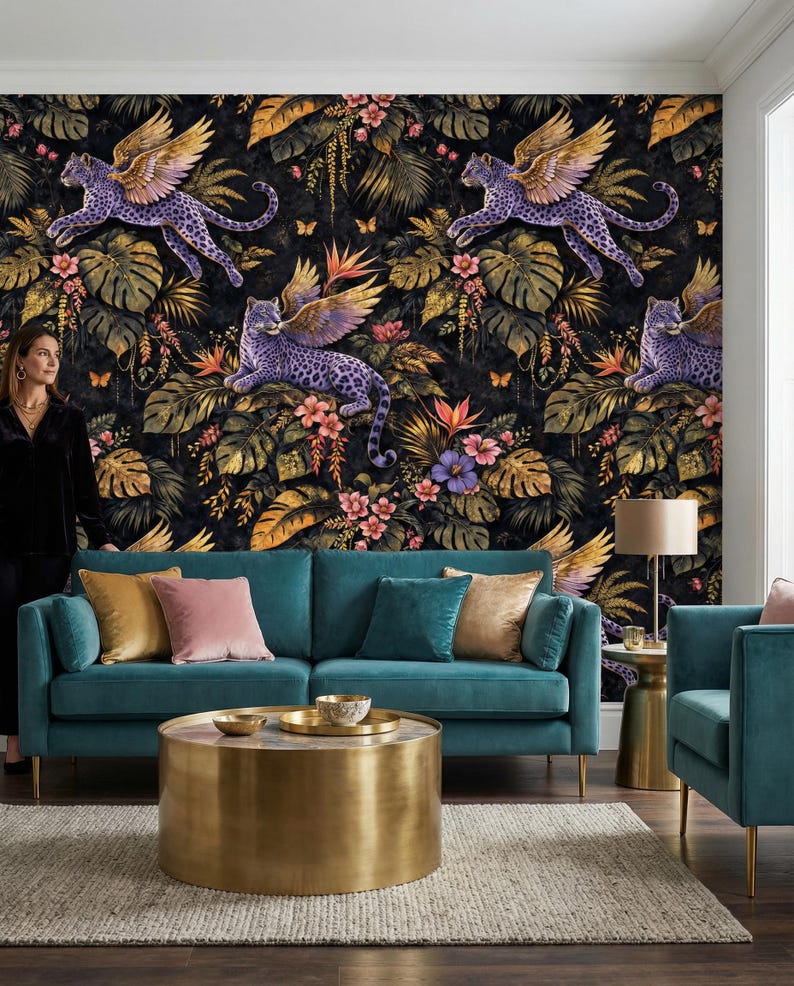 Winged Leopard Jungle Wallpaper Mural, Peel and Stick Gold Botanical ...