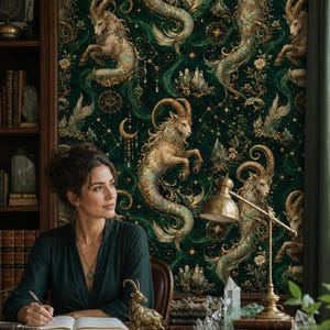 May include: Wallpaper featuring a repeating pattern of Capricorn sea-goats in shades of gold and cream against a dark emerald green background, accented with celestial motifs, stars, and floral elements in a detailed, intricate illustrative style.