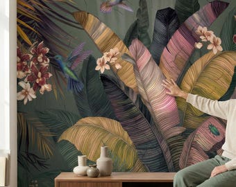 Papel pintado autoadhesivo de colibrí tropical oscuro: mural de pared floral de la selva melancólica