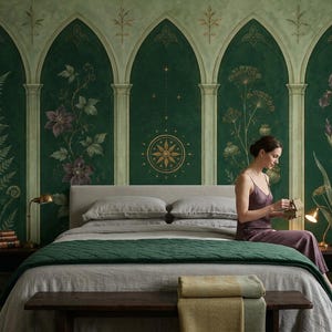 Dark Moody Gothic Peel-and-Stick-behang: botanische boogmuurschildering met hemelse zon