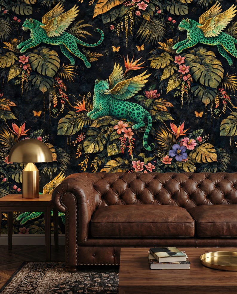 Winged Leopard Jungle Wallpaper Mural, Peel and Stick Gold Botanical ...