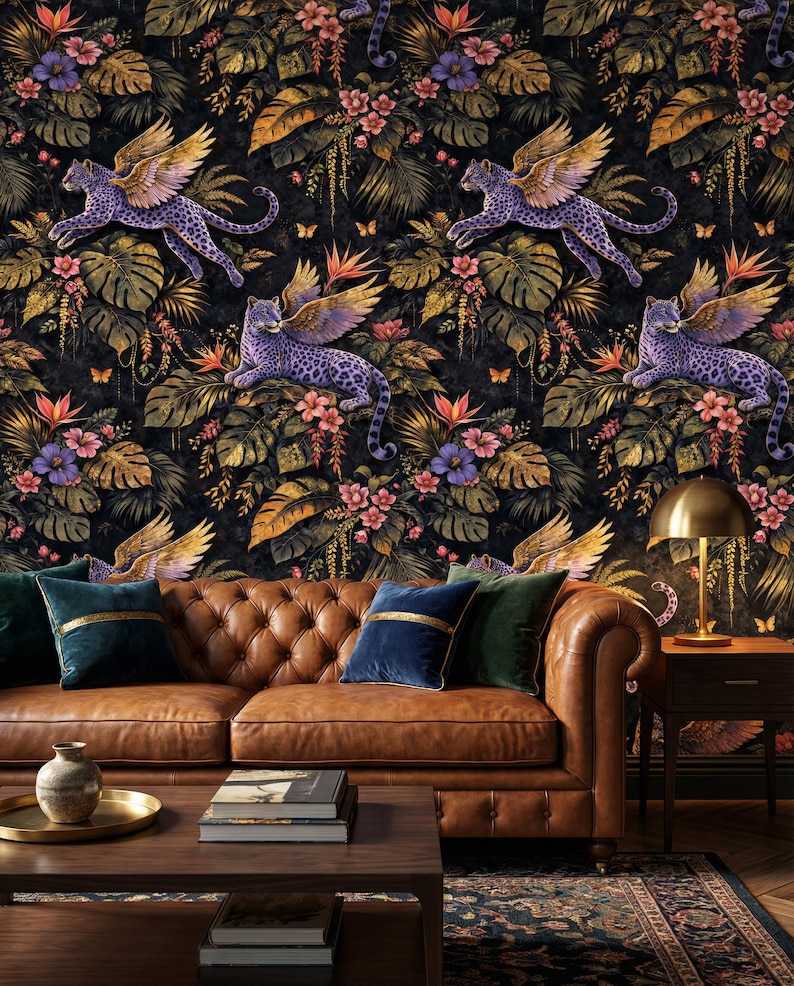 Winged Leopard Jungle Wallpaper Mural, Peel and Stick Gold Botanical ...