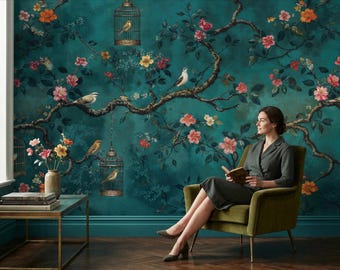 Teal Chinoiserie Peel and Stick Wallpaper: Floral Bird Wall Mural