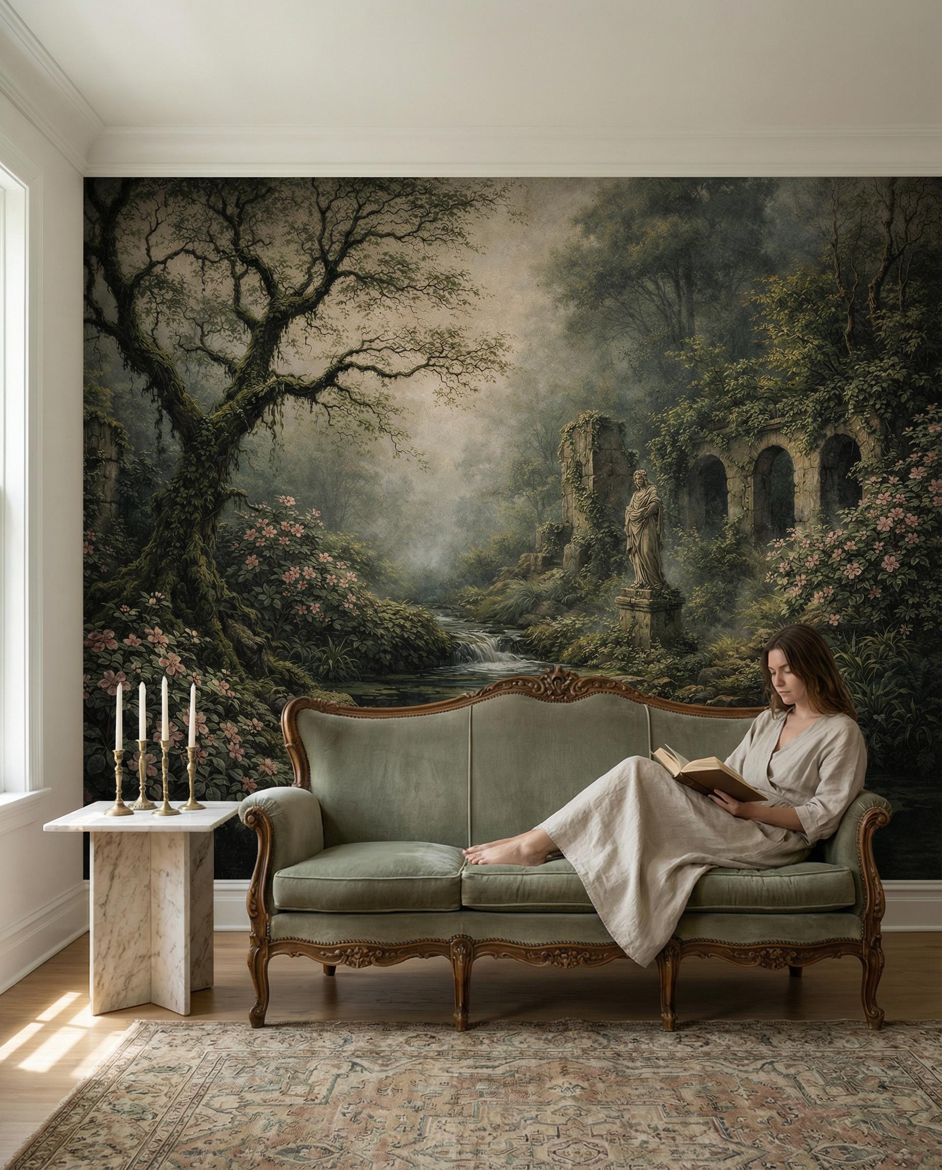 Moody Forest Wallpaper Peel and Stick: Misty Garden Ruins Wall Mural - Etsy