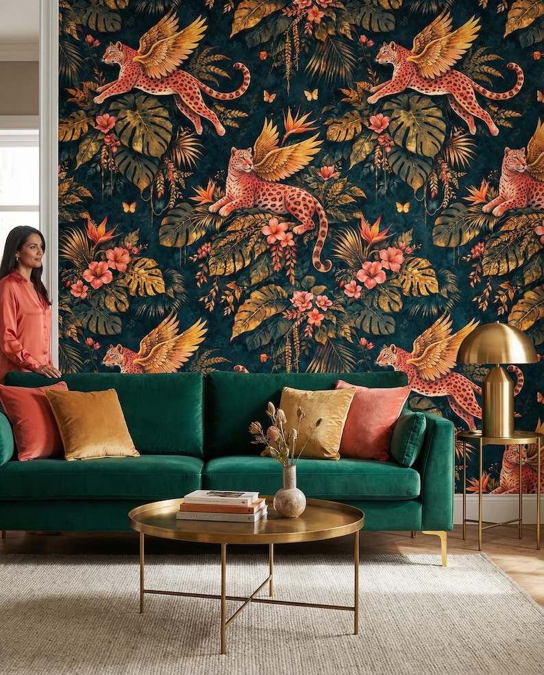 Winged Leopard Jungle Wallpaper Mural, Peel and Stick Gold Botanical ...
