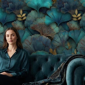 Teal Ginkgo Leaf Peel and Stick Wallpaper: Vintage Botanical Wall Mural with Gold Details