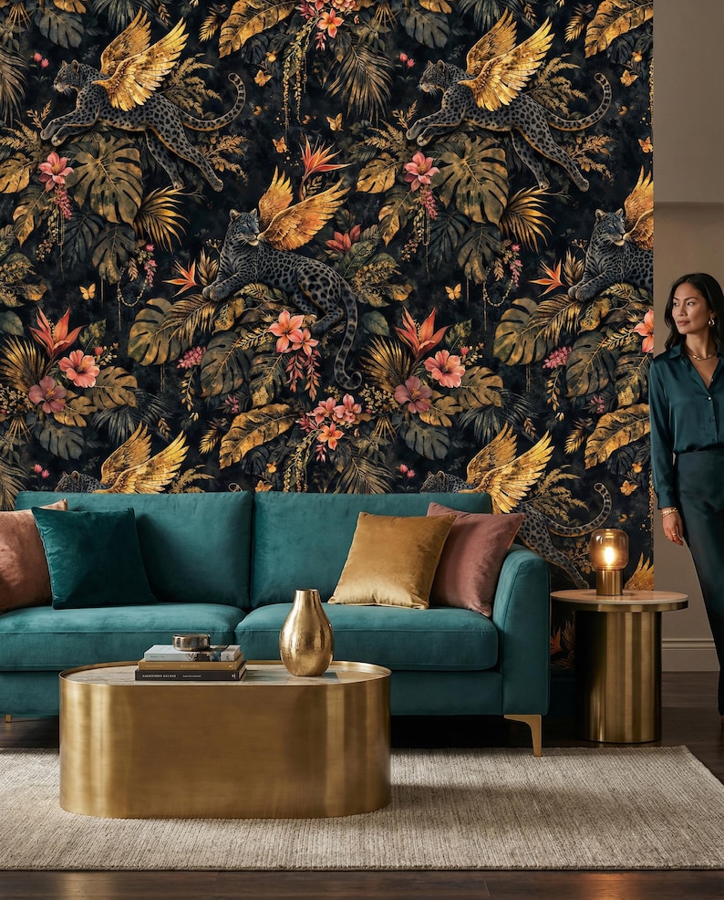 Winged Leopard Jungle Wallpaper Mural, Peel and Stick Gold Botanical ...