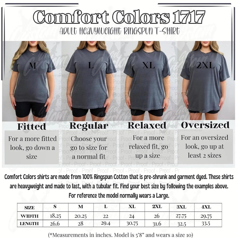 Op de afbeelding: Afbeelding van Comfort Colors 1717 volwassen heavyweight ringspun t-shirts in verschillende maten. De afbeelding laat zien hoe de shirts passen: getailleerd, normaal, relaxed en oversized. Een maattabel met afmetingen in inches is ook inbegrepen.