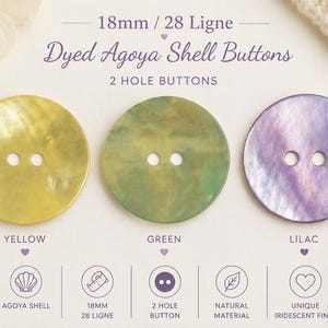 May include: Three round 18mm 28 ligne dyed Agoya shell buttons with two holes each, displayed in yellow, green, and lilac colours. The text reads 18mm / 28 Ligne, Dyed Agoya Shell Buttons, 2 HOLE BUTTONS, YELLOW, GREEN, LILAC, AGOYA SHELL, 18MM 28 LIGNE, 2 HOLE BUTTON, NATURAL MATERIAL, UNIQUE IRIDESCENT FINISH.