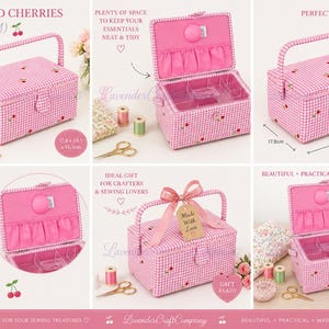 Può includere: Scatola da cucito rosa a quadretti con ricami di ciliegie. Presenta manico, scomparti interni e cuscinetto per spilli. Dimensioni: 17,8 cm x 24,5 cm x 14,5 cm. Ideale per riporre gli accessori da cucito.