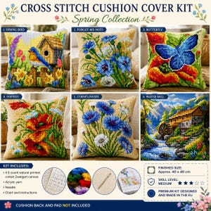 May include: A cross stitch cushion cover kit featuring six designs: a birdhouse, forget-me-nots, a butterfly, poppies, cornflowers, and a water mill. Includes printed canvas, acrylic yarn, needle, and instructions. Finished size is 40 x 40 cm.