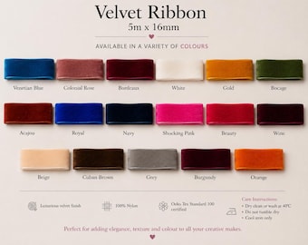 Velvet Ribbon, Full Roll 5m x 16mm – Available in a Variety of Colours & Sizes