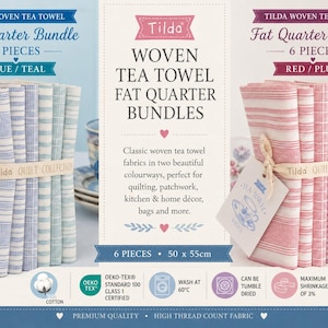 Peut inclure: Deux lots de coupons de tissu Tilda pour torchons, chacun contenant 6 pièces de 50 x 55 cm. Un lot présente des motifs rayés bleus et sarcelle, l'autre des motifs rayés rouges et prune. Les deux sont attachés avec un ruban de la marque.