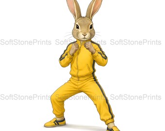 Kung-Fu Hare Clipart, Athletic Action Gouache Animal Bundle, 30 JPG for Junk Journal