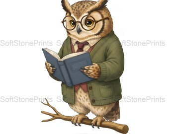 Librarian Owl Clipart, Cozy Academic Gouache Animal Bundle, 30 JPG for Junk Journal