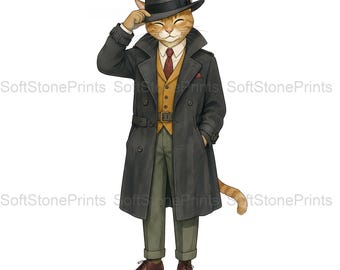 Detective Cat Clipart, Film Noir Gouache Animal Bundle, 30 JPG for Junk Journal