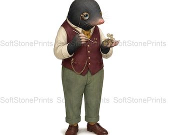 Clockmaker Mole Clipart, Victorian Artisan Gouache Animal Bundle, 30 JPG for Junk Journal