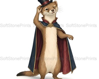 Magician Stoat Clipart, Whimsical Performance Gouache Animal Bundle, 30 JPG for Junk Journal