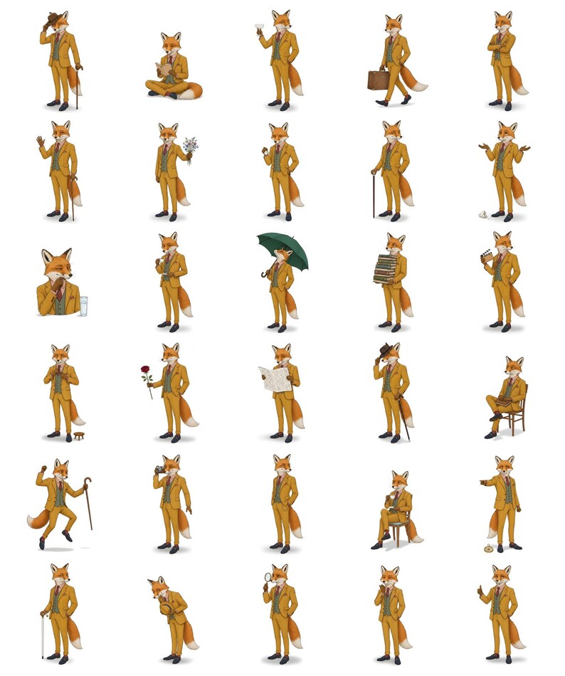 Fox Gentleman Clipart, Dapper Suited Gouache Animal Bundle, 30 JPG for Junk Journal imagen 20
